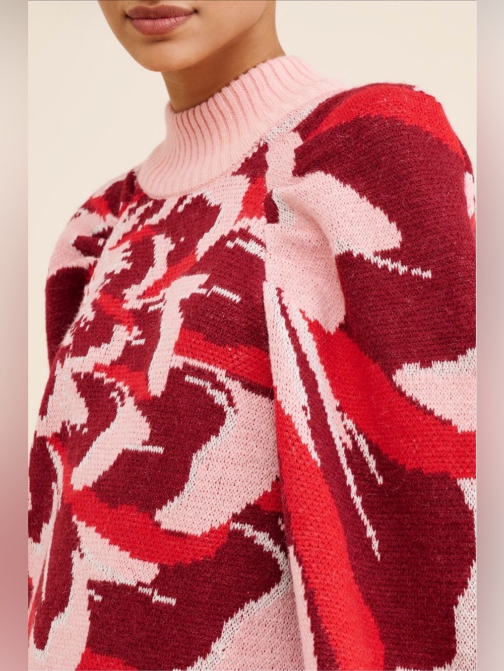 Farm Rio x Nuuly Flower Knit Mini Dress Red Pink Puff Sleeve L EUC $230 - Picture 4 of 8